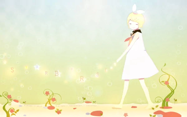HD PC desktop wallpaper of Vocaloid Rin Kagamine: anime-style Rin in a white dress with bow, standing on a floral meadow against a pastel starburst background.
