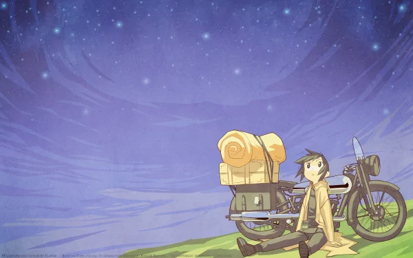 Kino's Journey anime: Kino sits by her packed motorcycle on a grassy hill beneath a vast starry violet sky — HD PC desktop wallpaper.