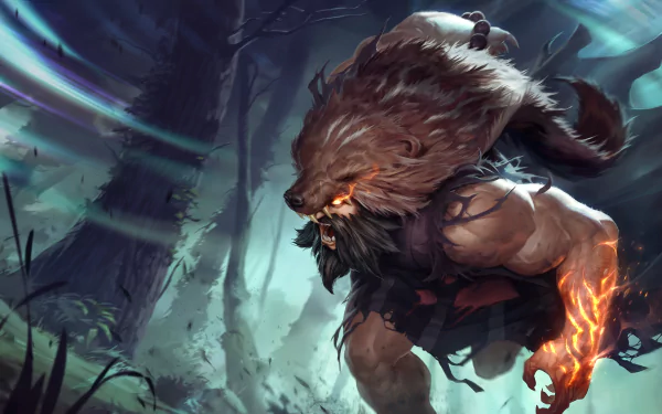 HD wallpaper of Udyr, a character from the video game League of Legends, set in a dark forest with mystical lighting.