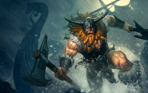 HD desktop wallpaper featuring Olaf from League of Legends, showcasing the fierce warrior brandishing axes, set against a dark, stormy background with elements of Norse mythology.