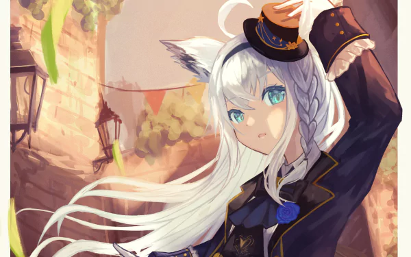 HD anime desktop wallpaper featuring Shirakami Fubuki from Hololive with white hair, fox ears, and blue eyes in a detailed fantasy setting.