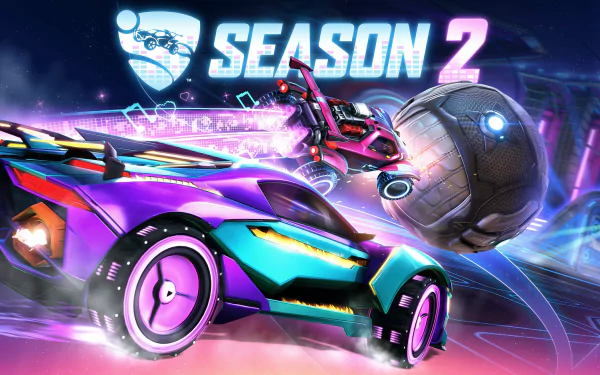 4K Ultra HD PC desktop wallpaper for the video game Rocket League: neon cars boost toward a giant soccer ball in a glowing futuristic arena, Season 2 logo overhead.