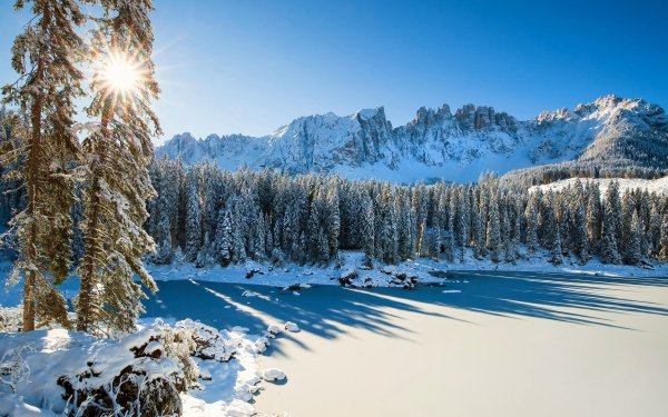 Earth Winter Forest Snow Mountain Italy Dolomites Lake Sunbeam HD Wallpaper | Background Image