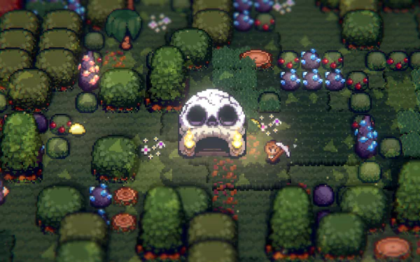 HD desktop wallpaper from Tinkertown featuring a stylized pixel art forest scene with a large skull and colorful vegetation.