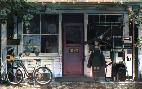 A mysterious, anime-inspired shop decorated for Halloween, featuring a girl in a dark dress and an old bicycle outside. Captured in vibrant 4K Ultra HD.