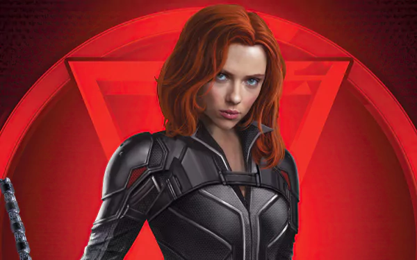 4K Ultra HD desktop wallpaper of Natasha Romanoff as Black Widow, portrayed by Scarlett Johansson, set against a bold red background with the Black Widow symbol.