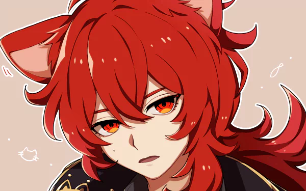 4K Ultra HD PC desktop wallpaper featuring Diluc from the video game Genshin Impact with detailed red hair and intense amber eyes.