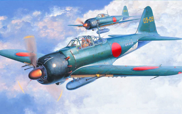 HD desktop wallpaper showcasing two Mitsubishi A6M Zero military warplanes flying through a partly cloudy sky.