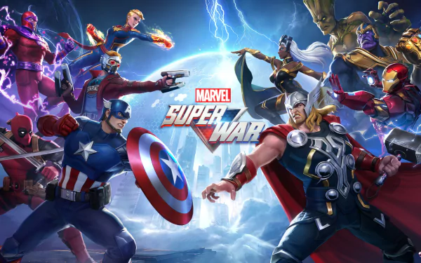 HD PC desktop wallpaper featuring dynamic Marvel Super War characters in an epic battle scene with vibrant colors and lightning effects.