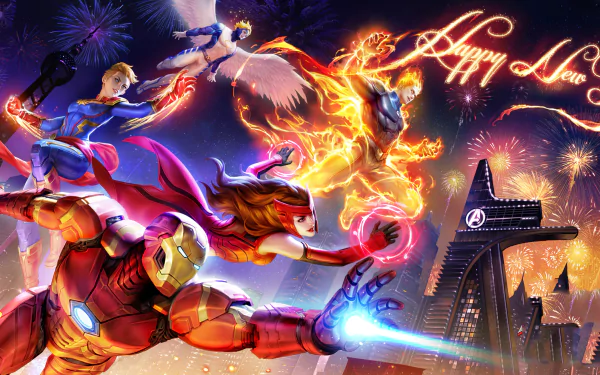 Wanda Maximoff Tony Stark Happy New Year Warren Worthington III Johnny Storm Angel (Marvel Comics) Human Torch (Marvel Comics) Carol Danvers Captain Marvel Scarlet Witch Iron Man video game Marvel Super War HD Desktop Wallpaper | Background Image
