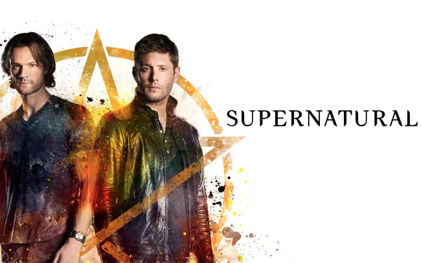 Supernatural 4K Ultra HD PC desktop wallpaper showing Sam and Dean Winchester standing before a distressed pentagram emblem on a white background.