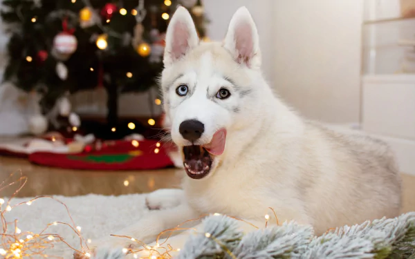 HD PC desktop wallpaper: a white husky dog lounging on a rug with twinkling Christmas lights and a decorated tree in the background.