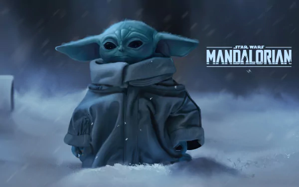 Grogu, also known as Baby Yoda from the Star Wars TV show The Mandalorian, stands in a snowy landscape in this 4K Ultra HD PC desktop wallpaper.