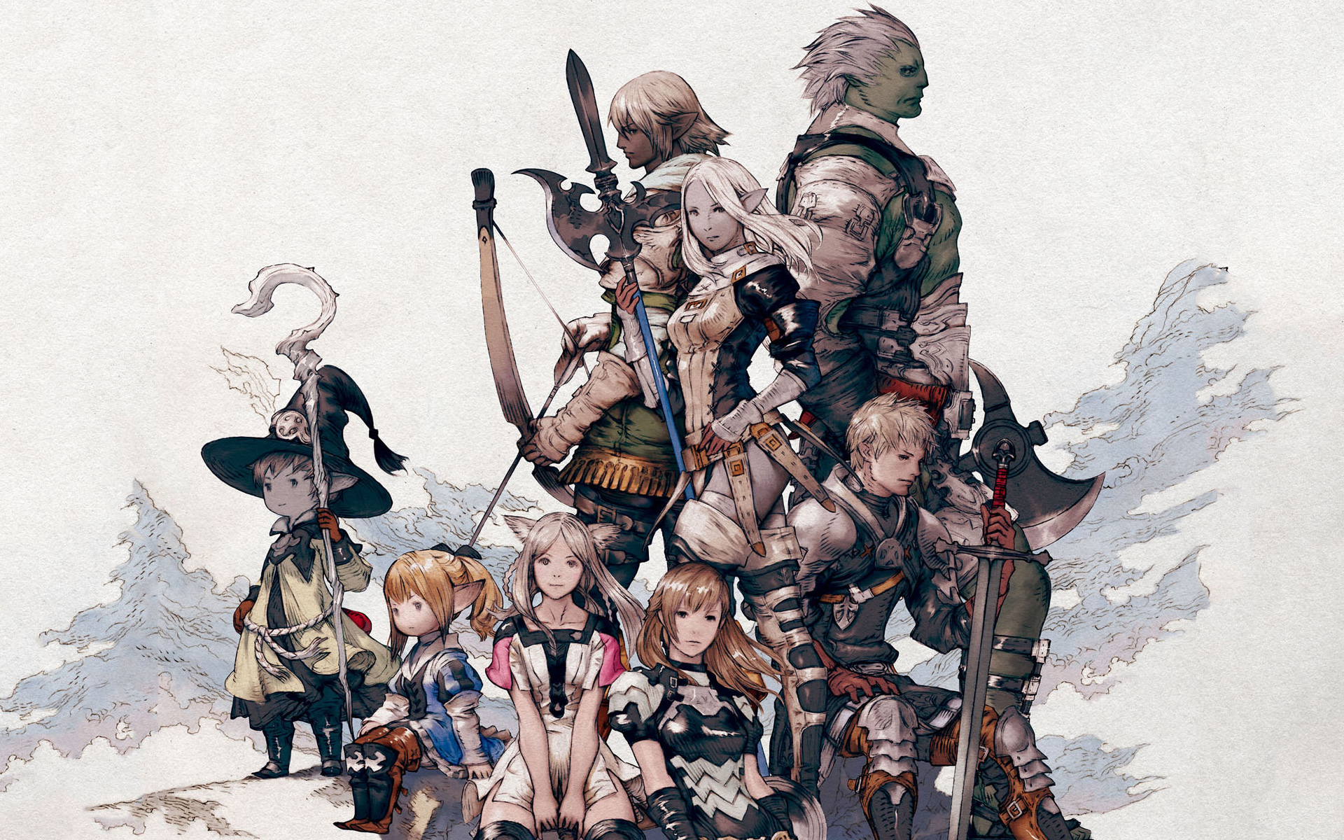 A diverse lineup of Final Fantasy XIV characters in a vibrant desktop wallpaper.