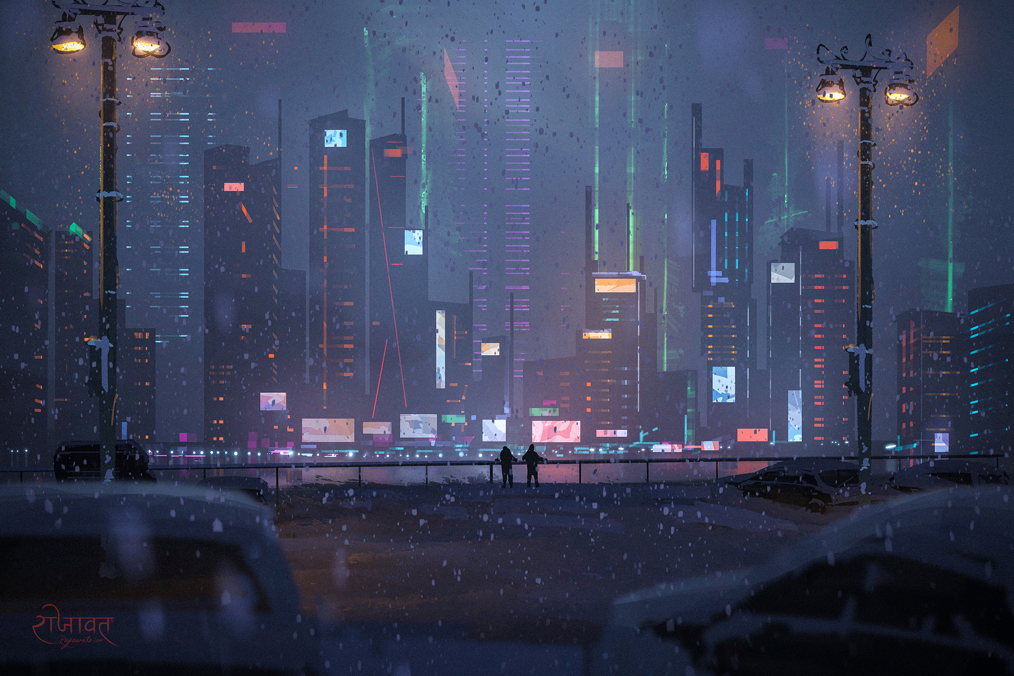 The neon-lit streets of a cyberpunk anime night city with this