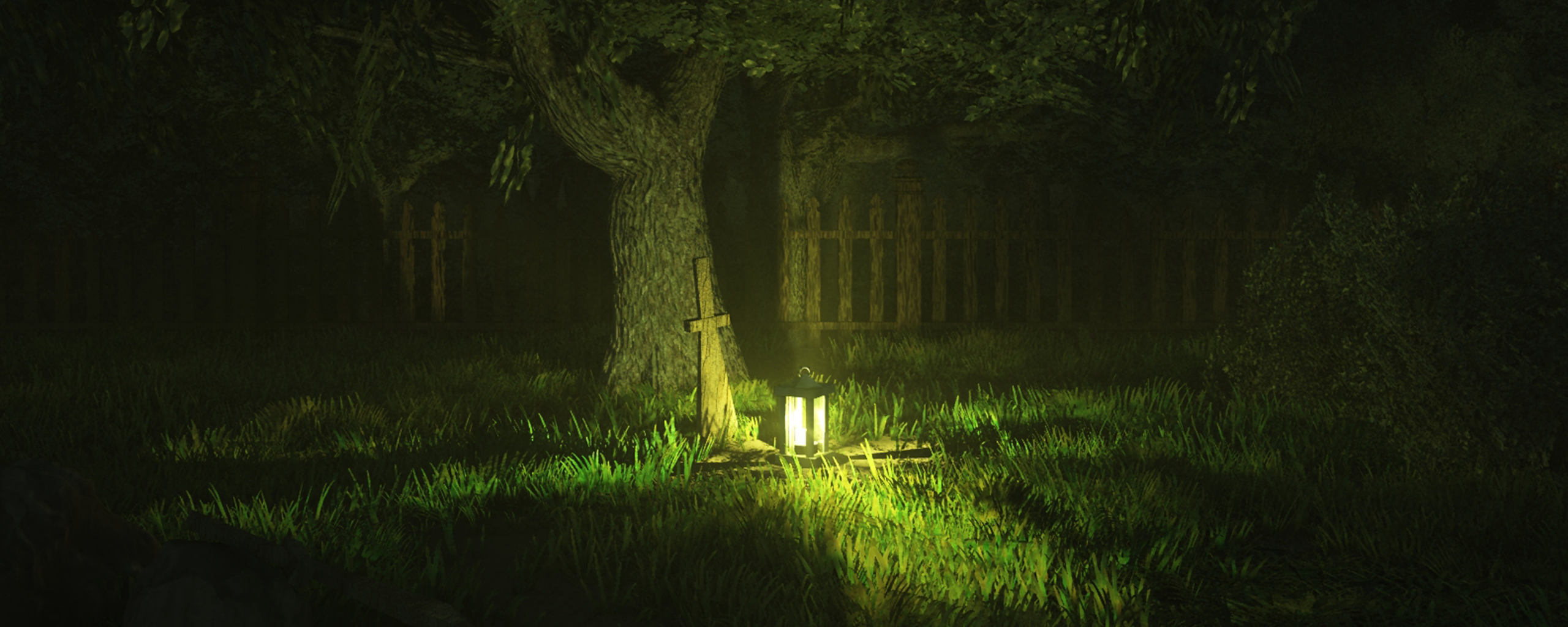 Spooky lantern illuminating a graveyard at night
