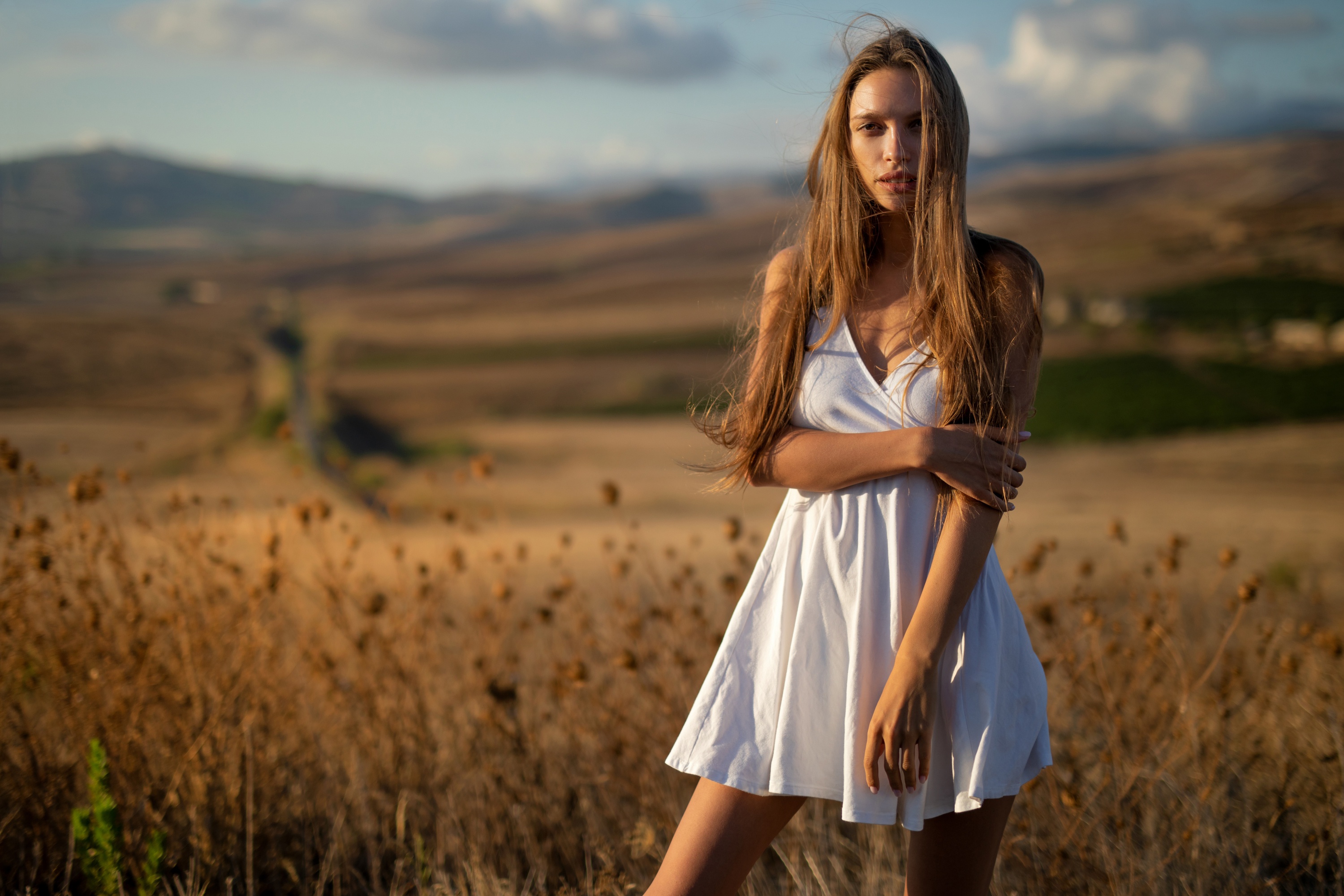 Radiant Redhead in White Dress Stunning Model Amid Golden Fields HD