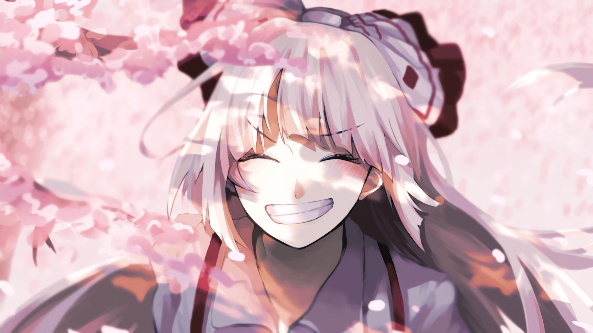 4K Ultra HD PC desktop Touhou anime wallpaper of Fujiwara no Mokou: close-up smiling under falling cherry blossoms, long white hair and warm sunlight.