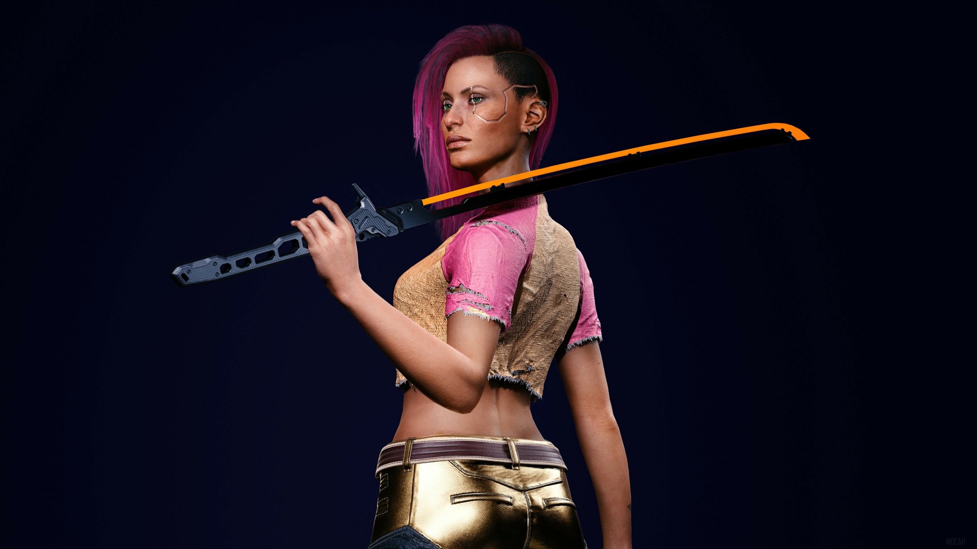 8K Ultra HD Cyberpunk 2077 wallpaper featuring a character holding a futuristic katana against a dark background.