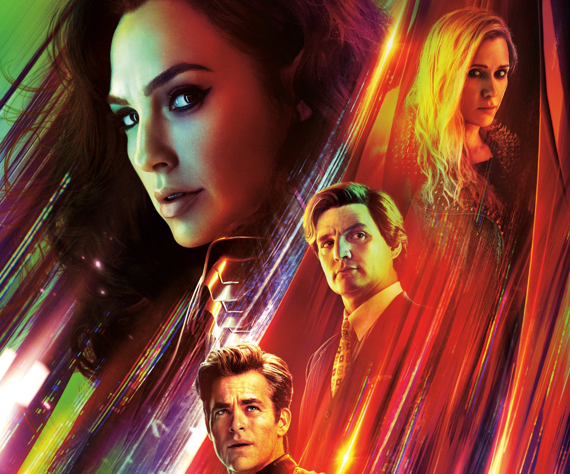 4K Ultra HD wallpaper featuring Diana Prince (Gal Gadot), Maxwell Lord (Pedro Pascal), Cheetah (Kristen Wiig), and Steve Trevor (Chris Pine) from the DC Comics movie Wonder Woman 1984.