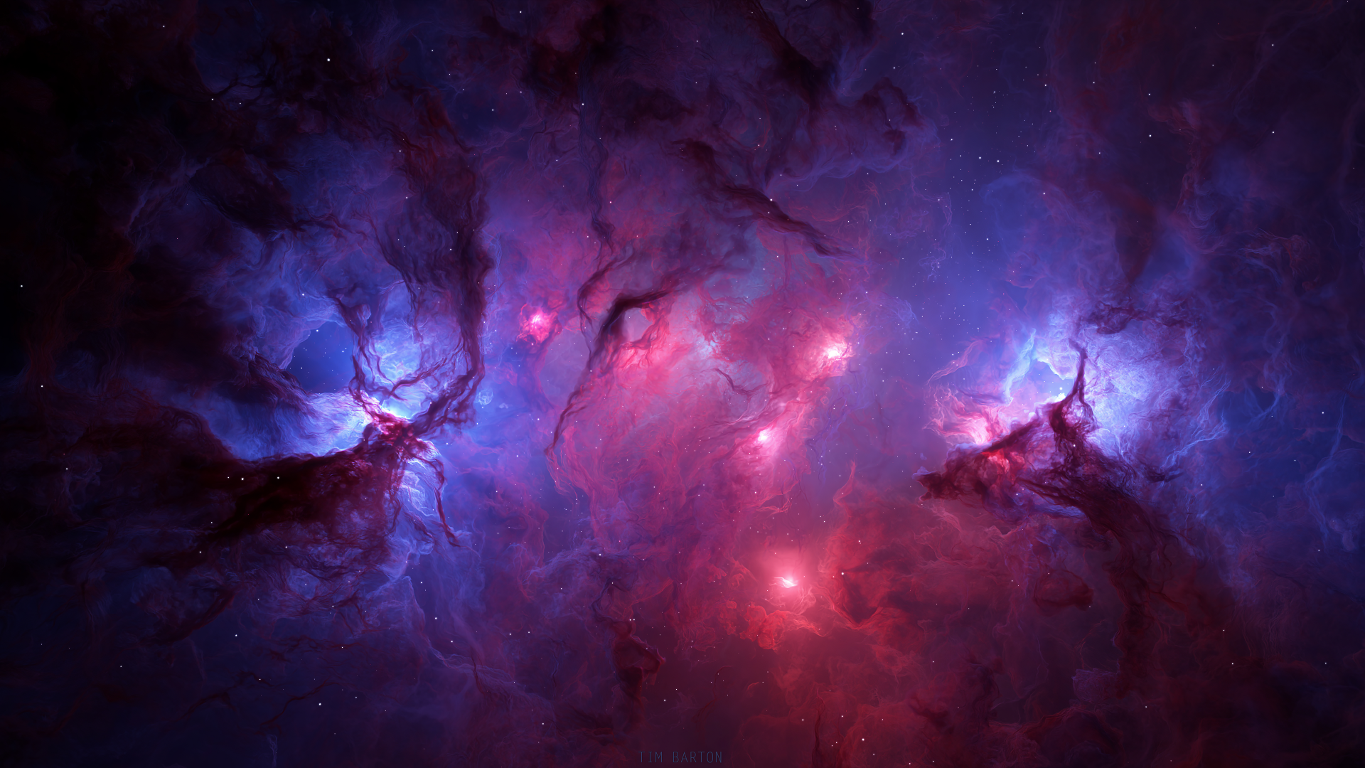 HD desktop wallpaper featuring a stunning sci-fi space scene with vibrant nebula clouds in shades of blue, purple, and red, illuminated by bright stars.