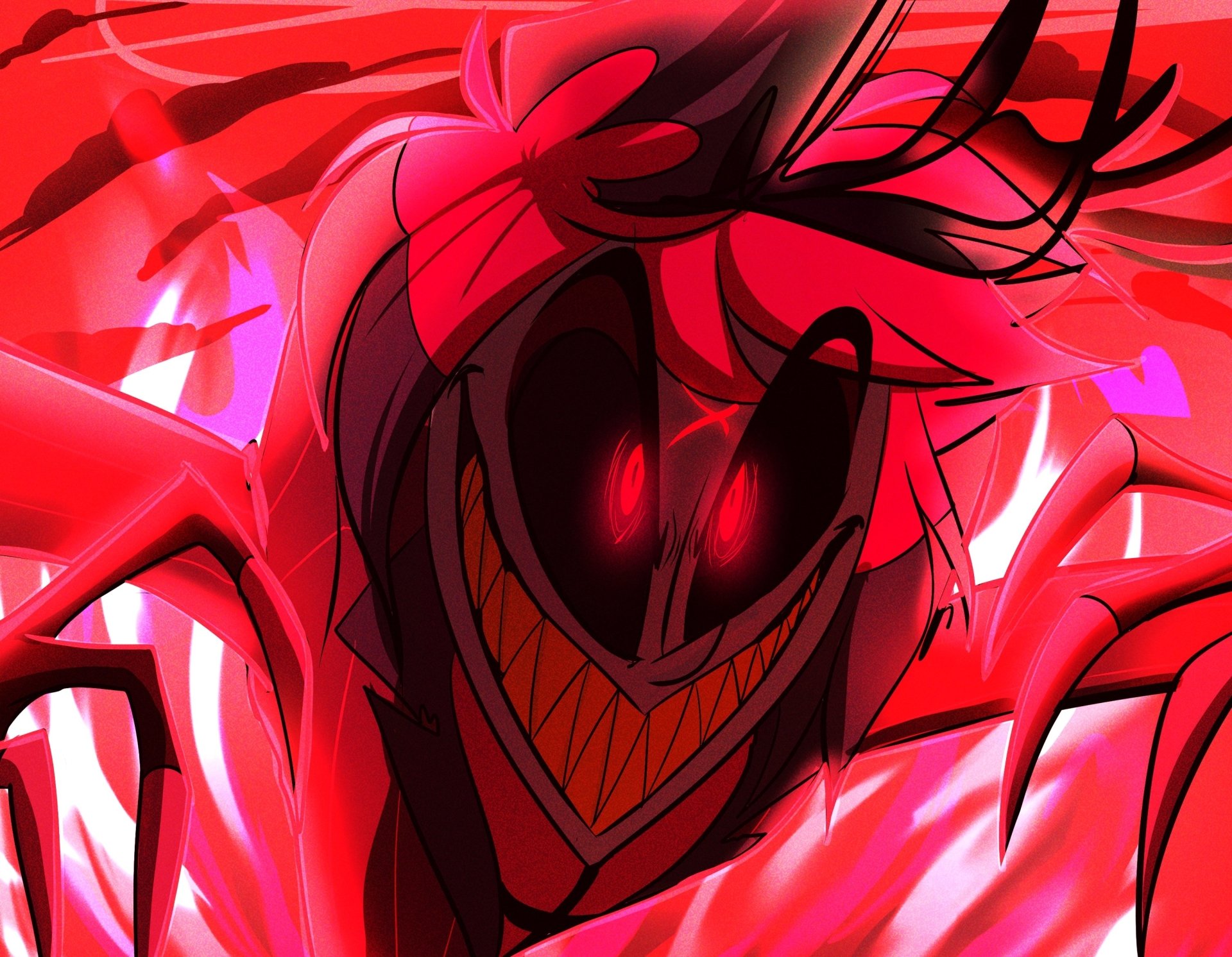 HD desktop wallpaper featuring Alastor from the TV show Hazbin Hotel, showcasing his menacing grin and glowing red eyes against a fiery red background.