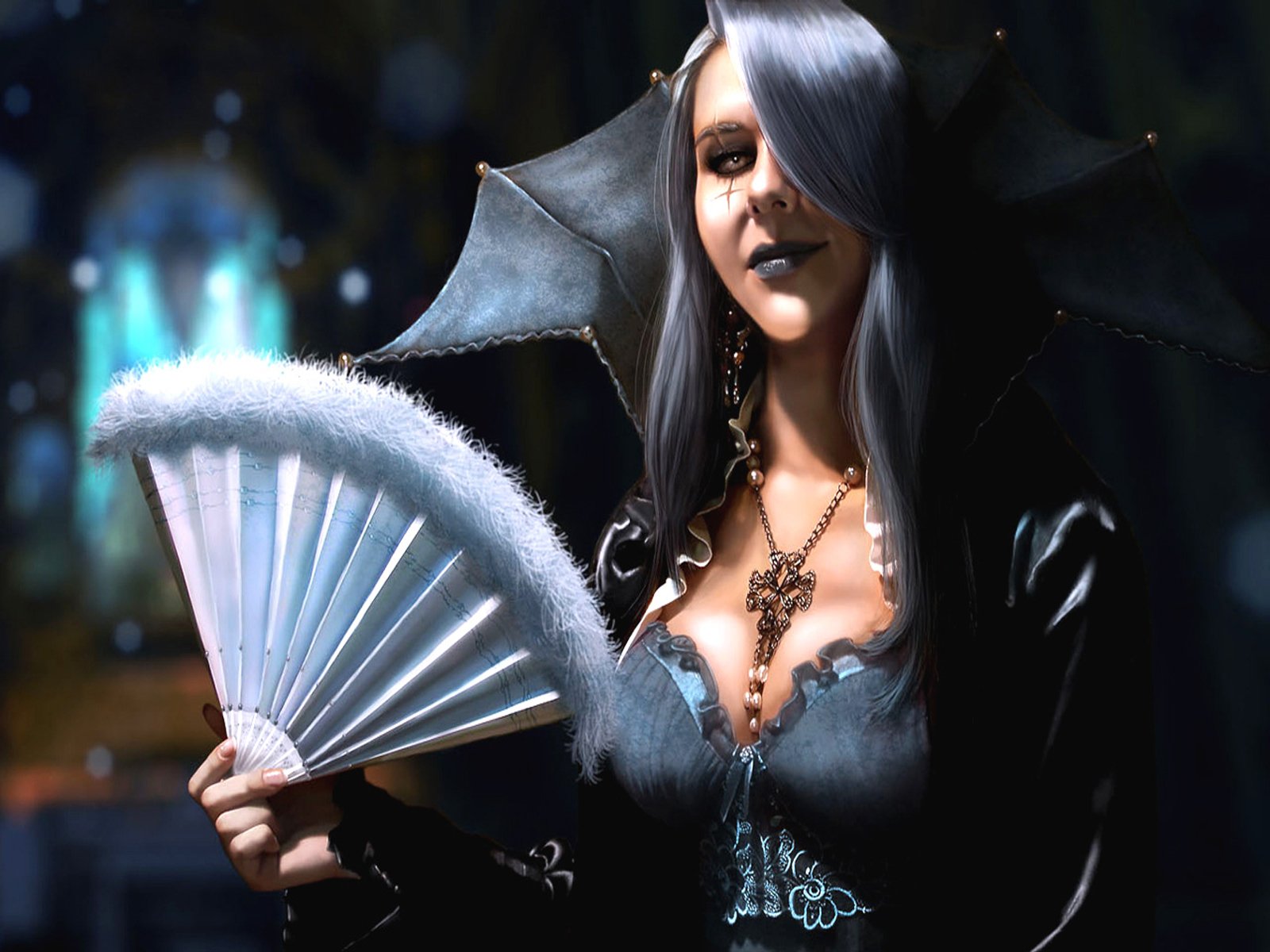 A dark, high-definition desktop wallpaper featuring a woman with silver hair holding a fan, wearing gothic attire and jewelry.