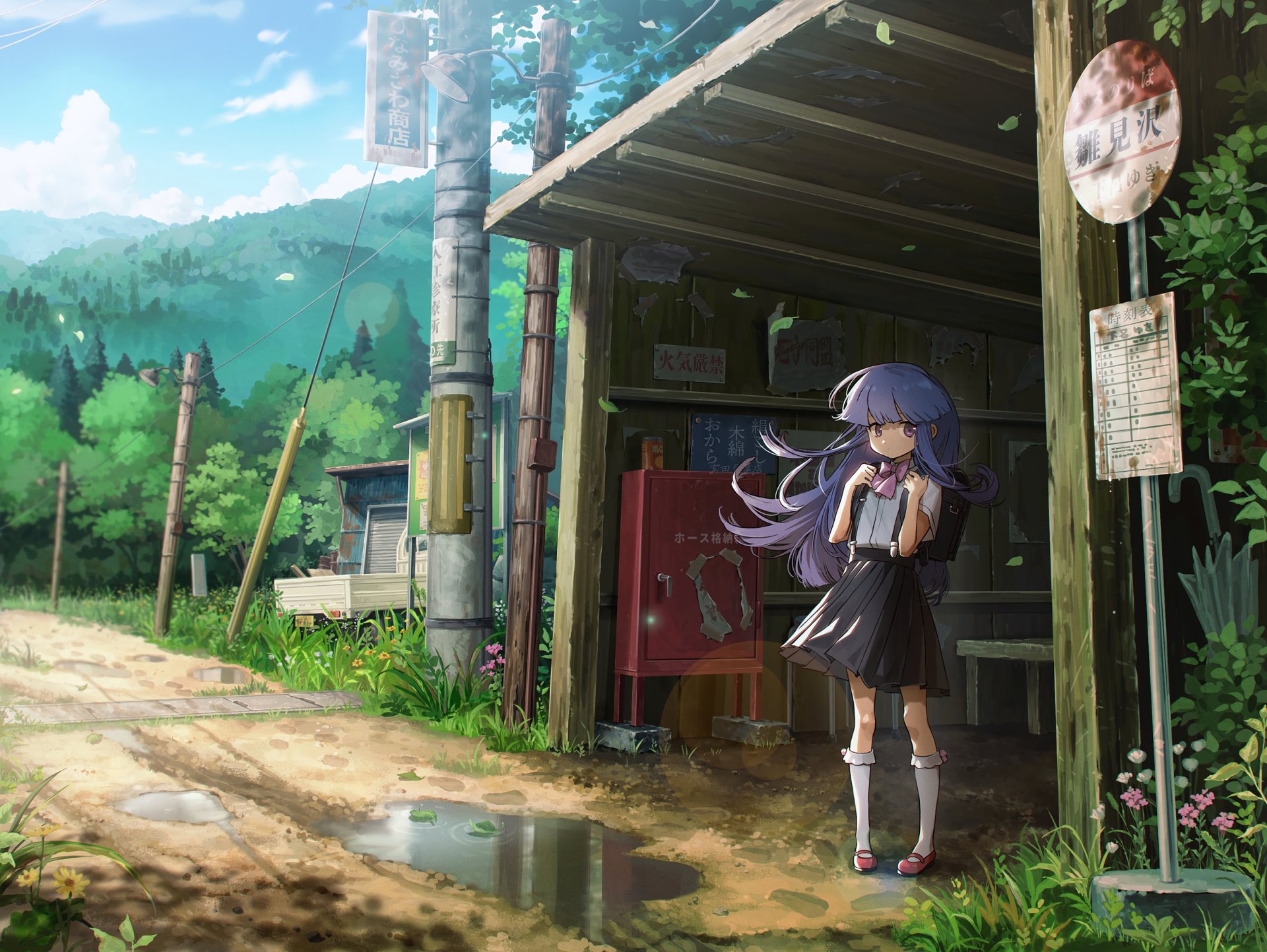HD anime wallpaper featuring Furude Rika from Higurashi When They Cry with long purple hair and eyes, standing by a rustic bus stop in a lush, rural setting.