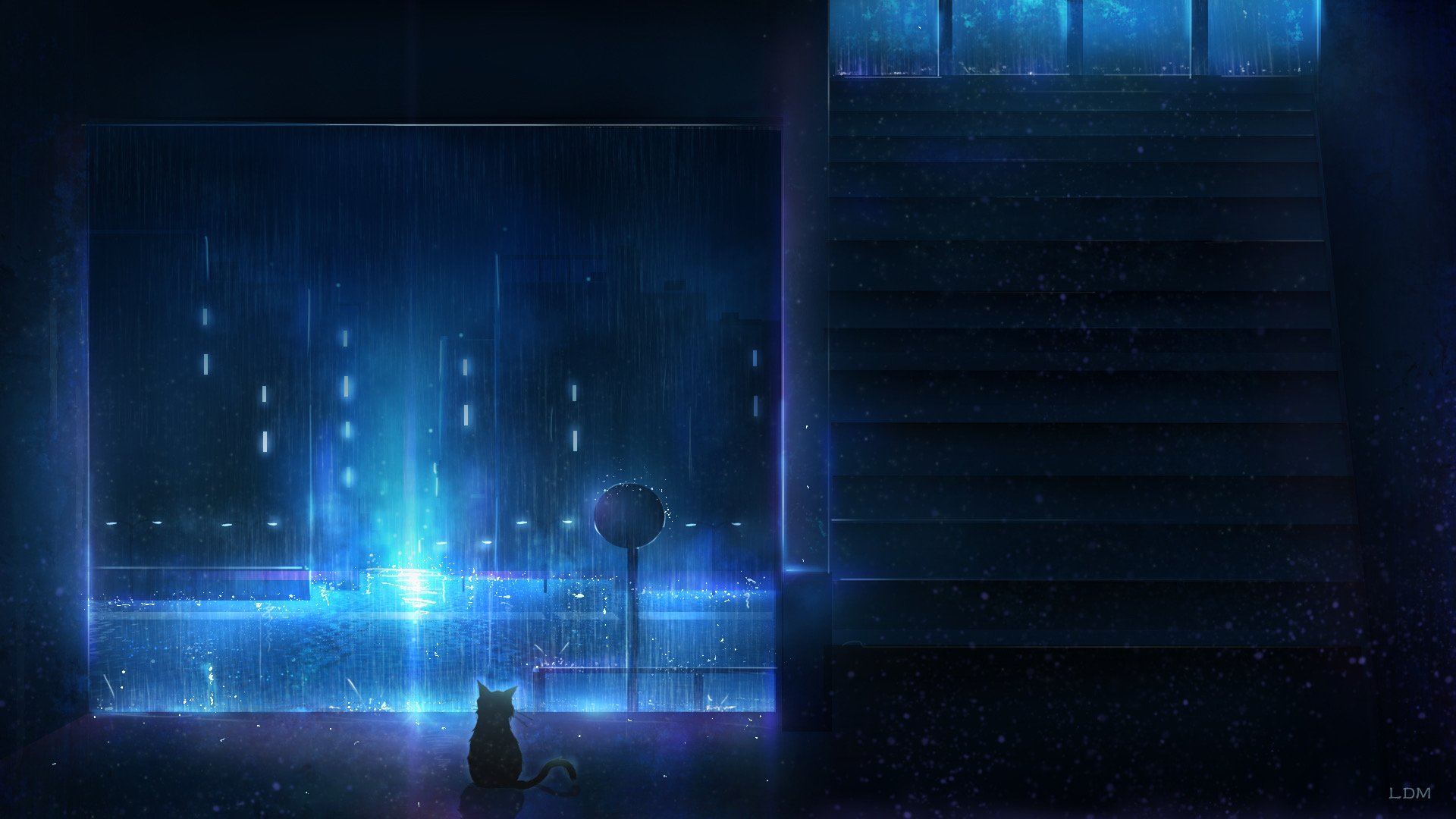 An anime cat sitting alone at night near glowing streetlights, with rain falling softly, creating a serene and mysterious HD PC desktop wallpaper background.