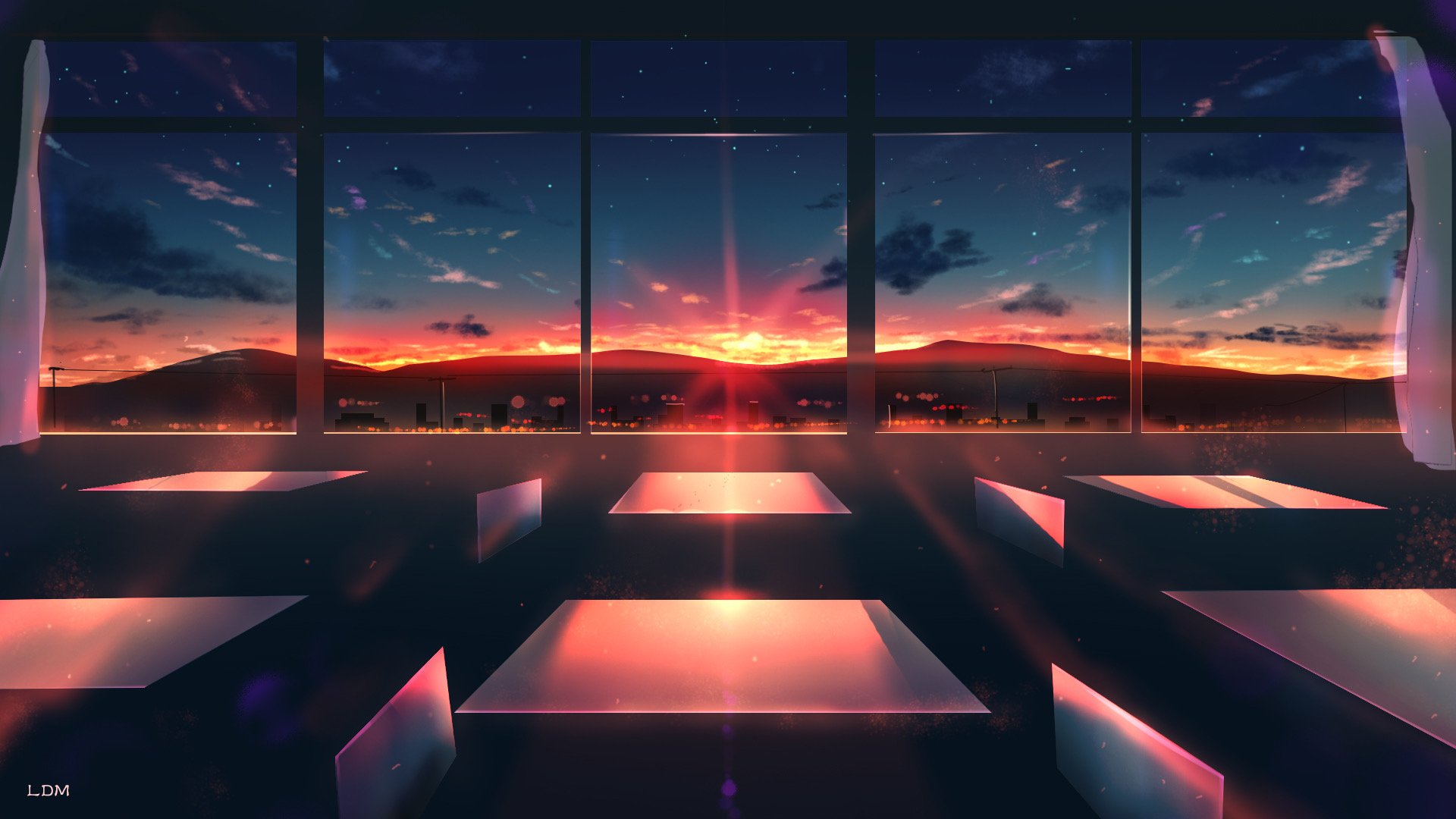 Anime-style classroom at sunset with a vivid sky visible through large windows, rendered in HD for use as a PC desktop wallpaper and background.
