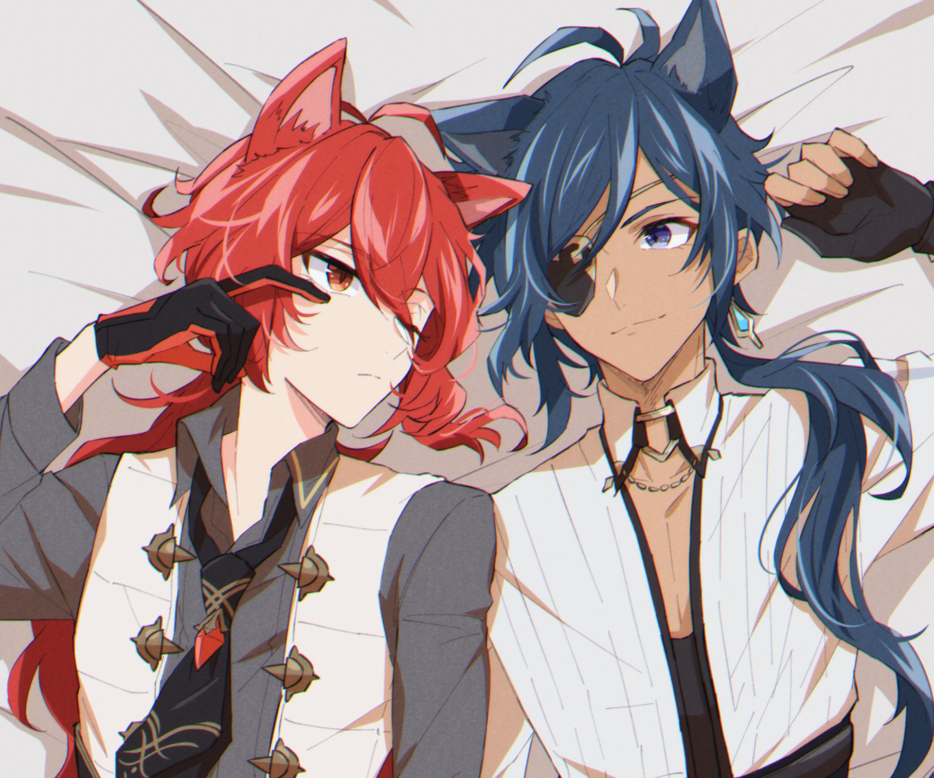 HD PC desktop wallpaper featuring Diluc and Kaeya from the video game Genshin Impact in detailed anime-style artwork.