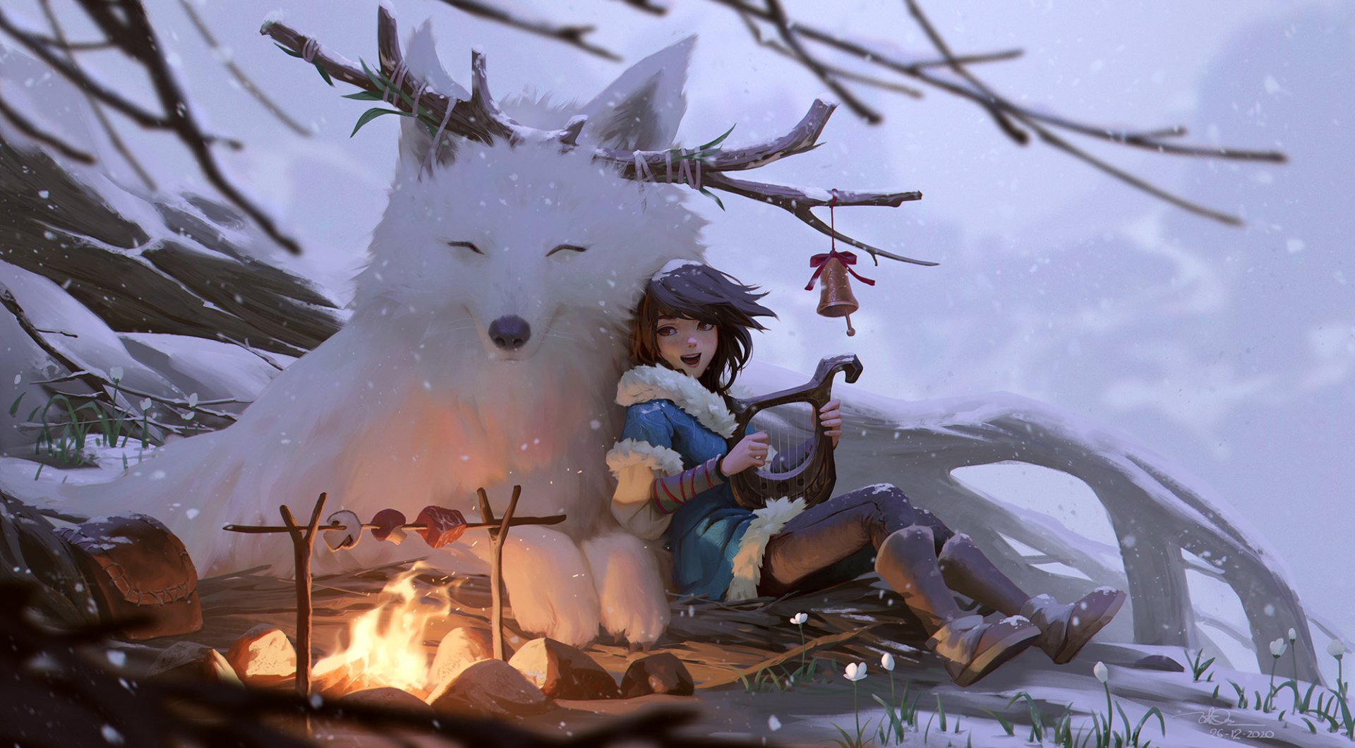 An anime girl in winter attire sits contentedly beside a large, antlered white creature by a campfire in a snowy landscape. The serene scene is set as an HD desktop wallpaper and background.