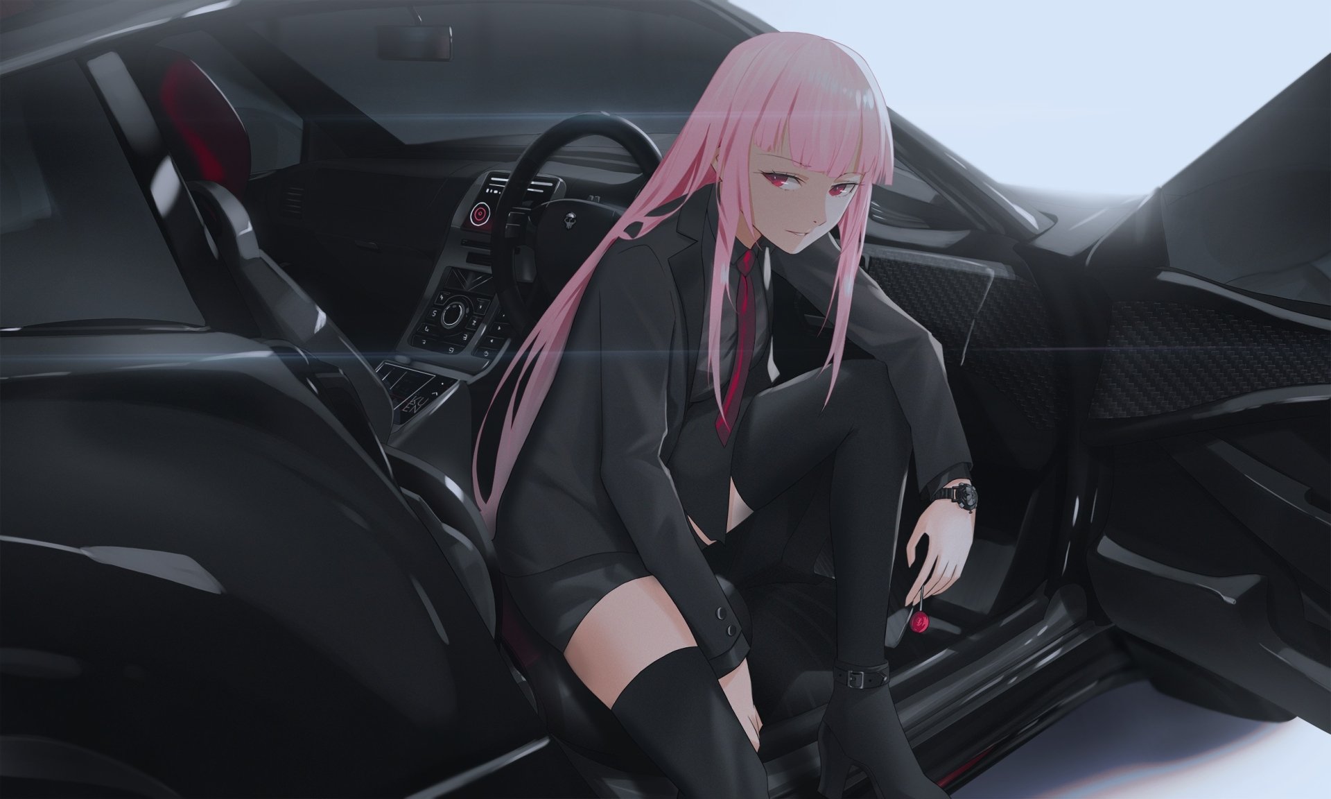 HD PC desktop wallpaper featuring anime-style Virtual YouTuber Mori Calliope with pink hair, sitting in a sleek black sports car interior.
