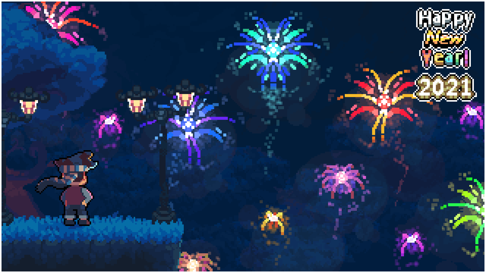 Pixel art HD desktop wallpaper featuring a nighttime New Year 2021 celebration with colorful fireworks and a character watching the display.