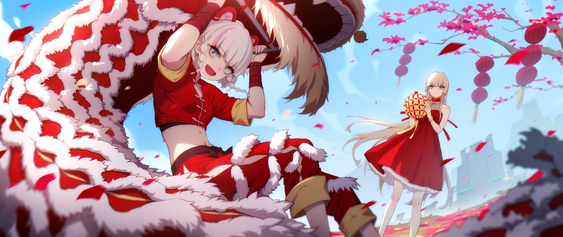 Anime girl with white hair and animal ears wears a red dress, performing a vibrant lion dance amid pink cherry blossoms in this 4K Ultra HD PC desktop wallpaper.