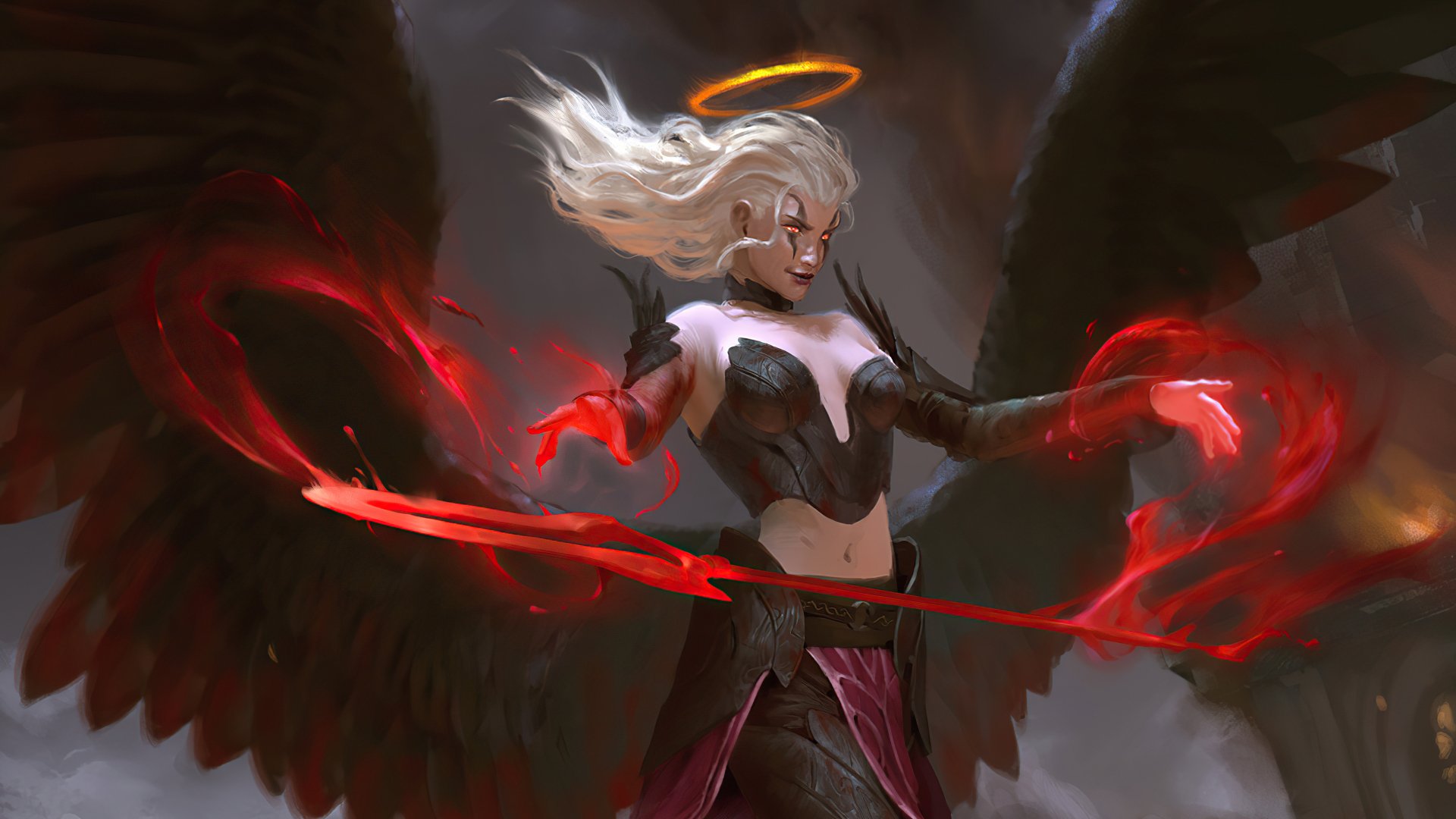A fantasy angel with white hair, glowing halo, and dark wings wields fiery red energy in a dynamic 4K Ultra HD desktop wallpaper scene.