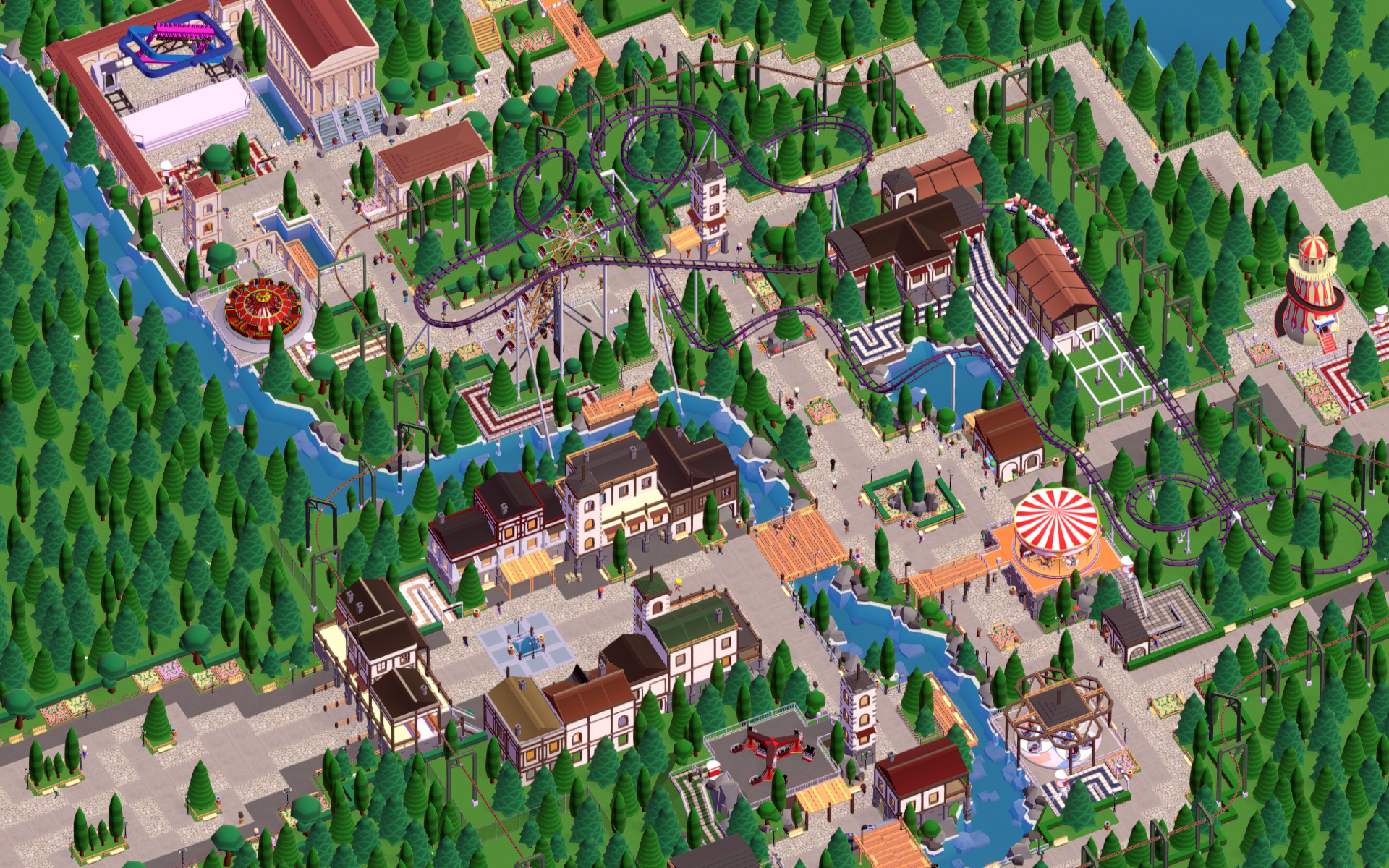 HD desktop wallpaper featuring a vibrant view of a Parkitect game theme park with rides, trees, and buildings.