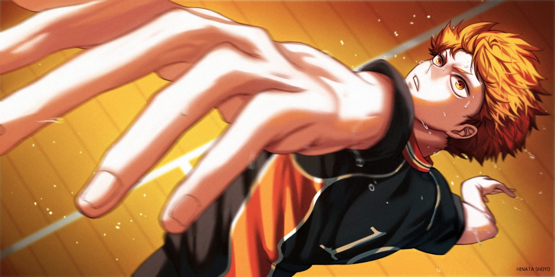 HD anime wallpaper featuring Shōyō Hinata from Haikyū!! with vibrant orange hair and eyes, reaching forward in dynamic motion on a bright, energetic background.