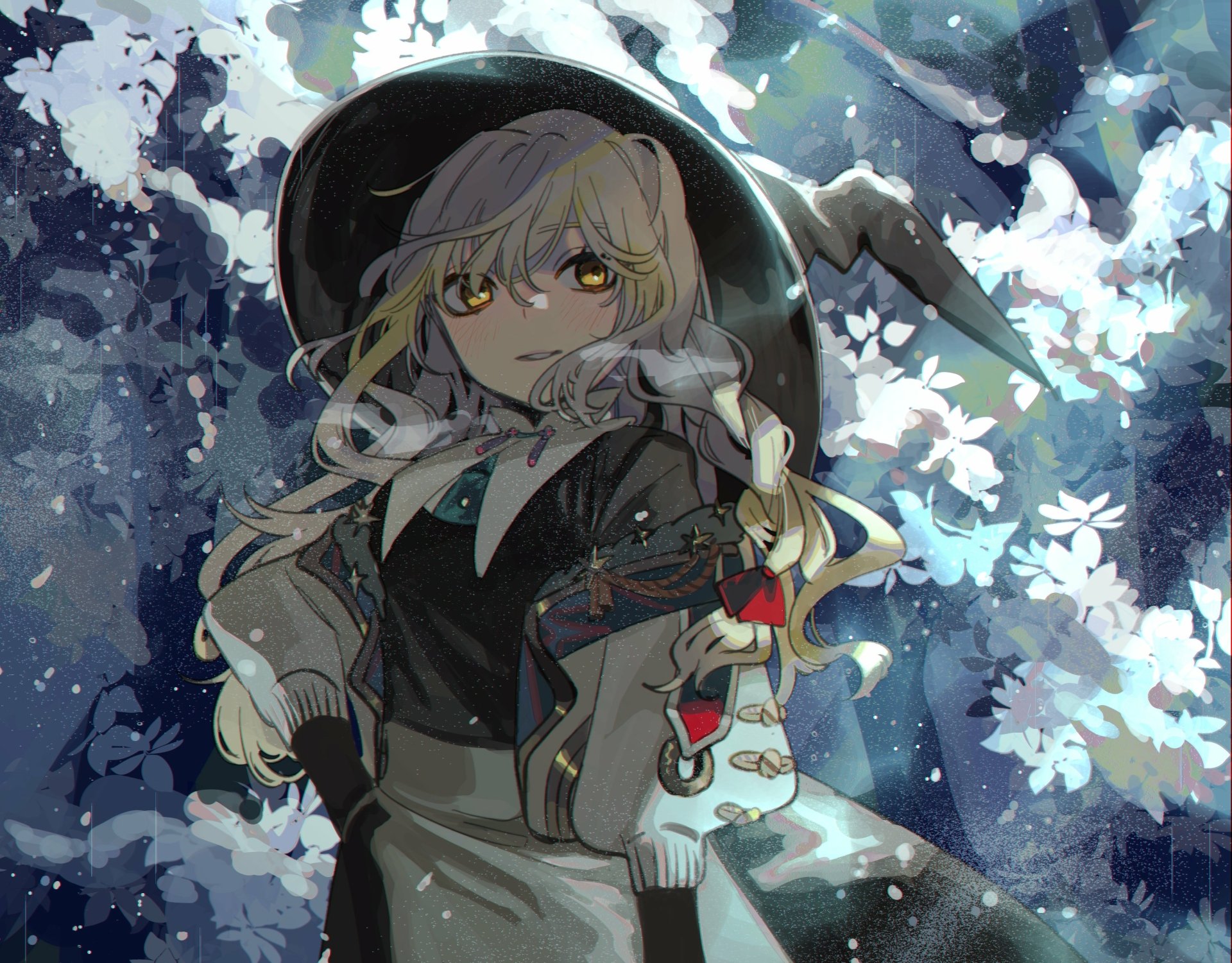 HD PC desktop wallpaper featuring Marisa Kirisame from the Touhou anime series, surrounded by luminous white flowers against a dark, atmospheric background.