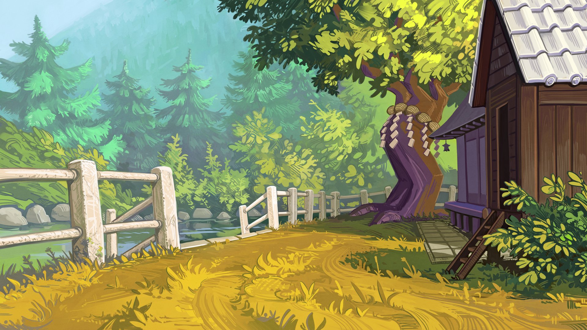 Anime-style Touhou scenery: sunlit forest path beside a wooden house and fence, lush trees and distant mountains — 4K Ultra HD PC desktop wallpaper background.