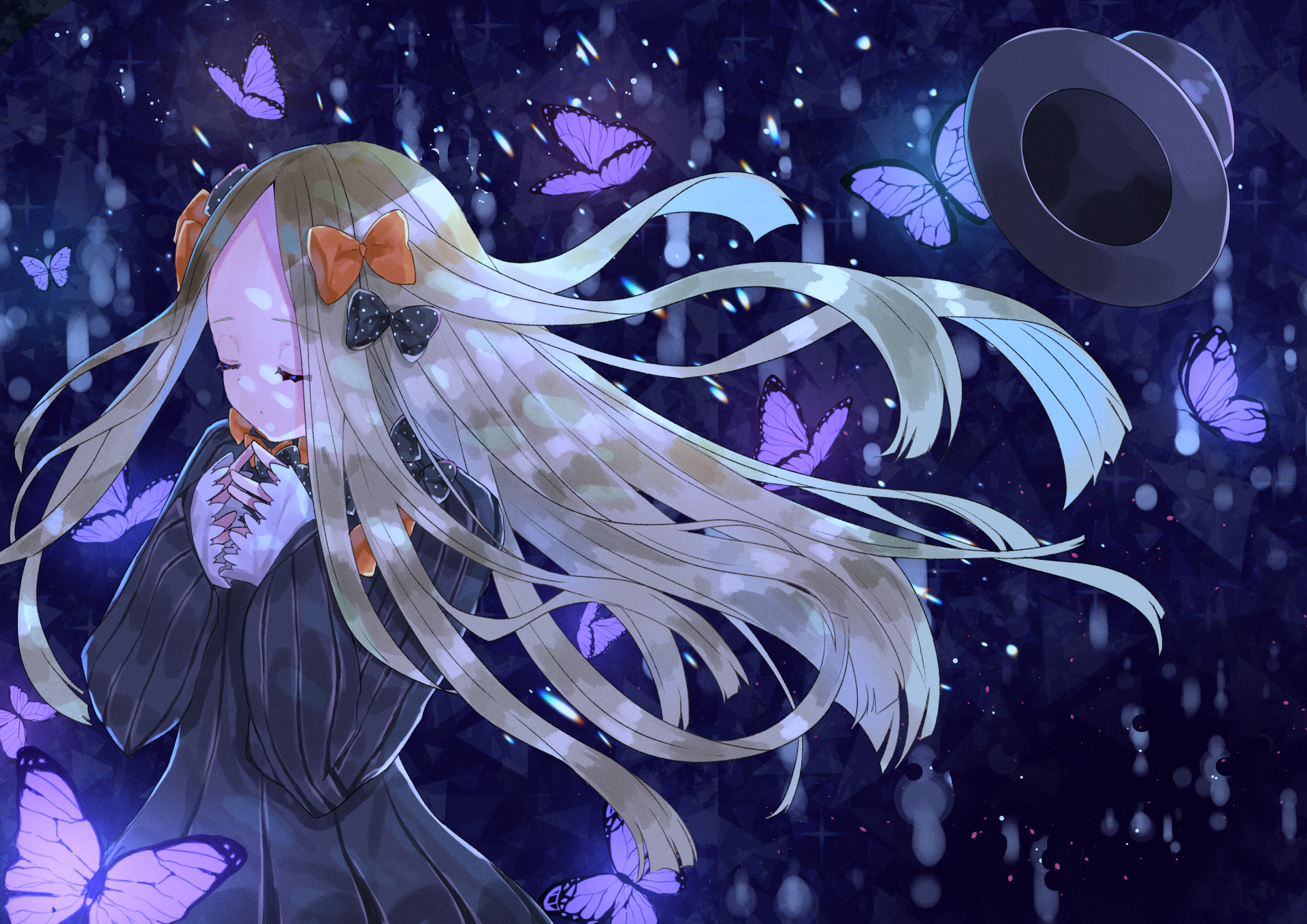 4K Ultra HD PC desktop wallpaper: blonde Abigail Williams (Fate/Grand Order) anime, long hair and hat, eyes closed among glowing blue and purple butterflies against a dark, rain-speckled background.