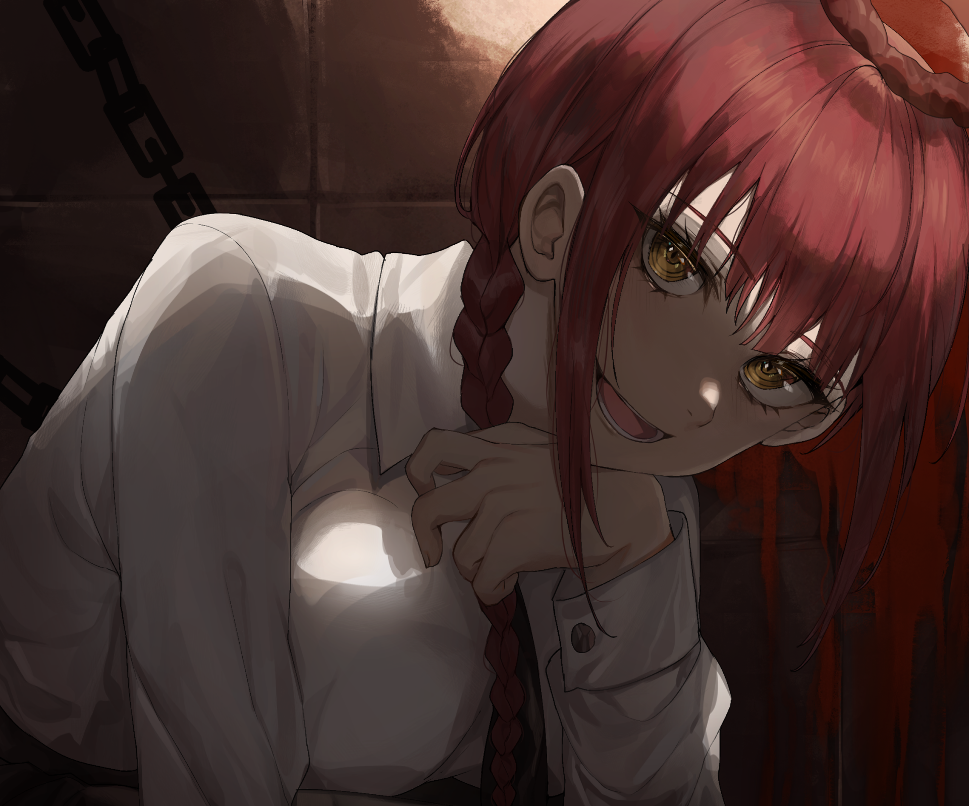 Makima (Chainsaw Man) anime HD PC desktop wallpaper — close-up of her red braided hair, golden eyes and sly smile, lit in a dark room with chains in the background.