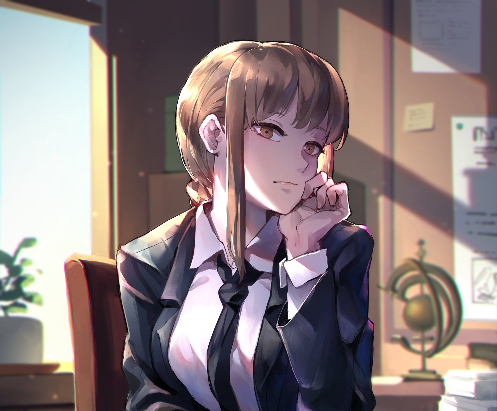 HD anime wallpaper featuring Makima from Chainsaw Man, depicted in a contemplative pose with warm lighting and detailed background elements.