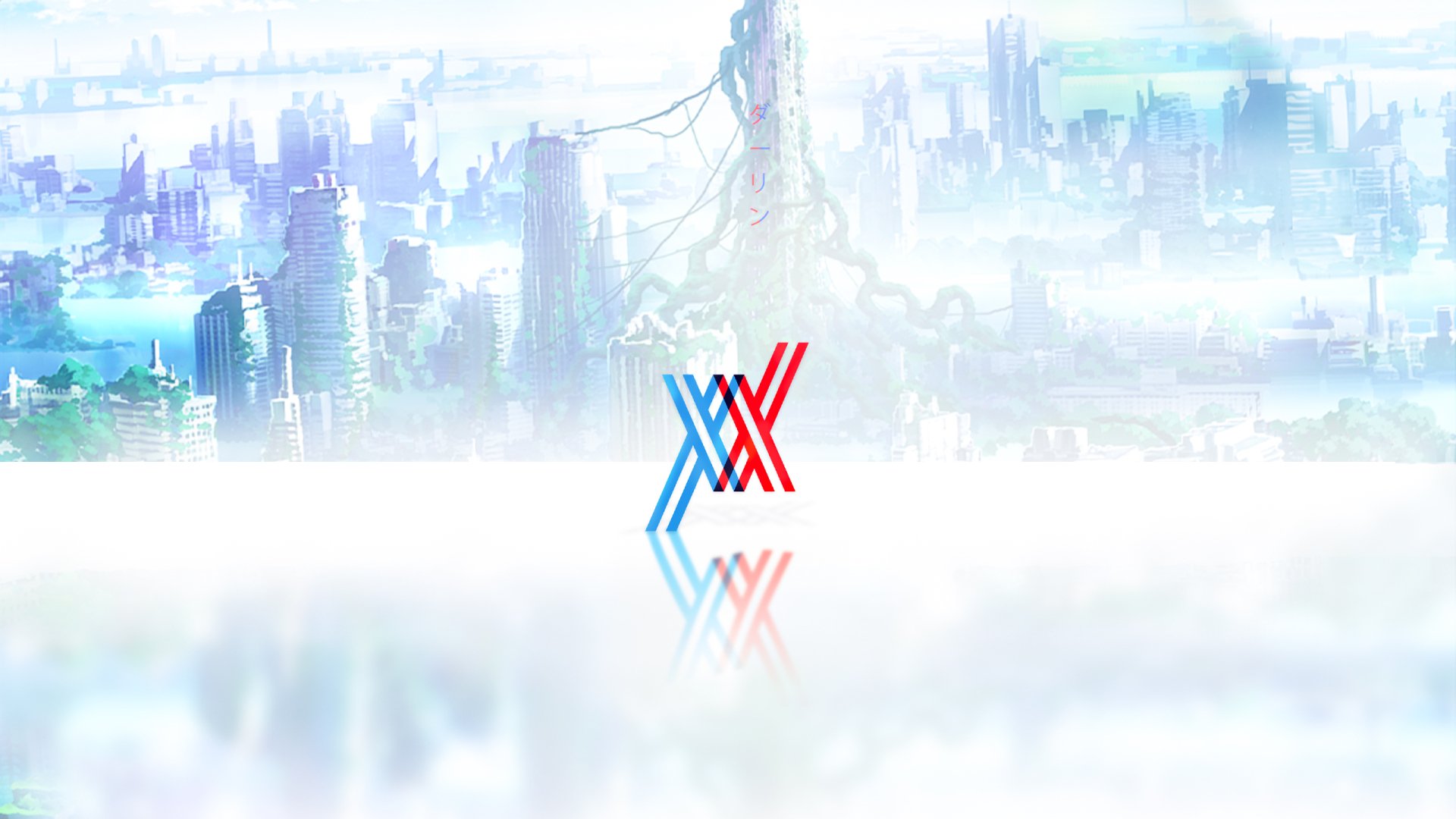 HD PC desktop wallpaper featuring a misty futuristic cityscape with the vibrant red and blue logo from the anime Darling in the FranXX centered in the foreground.