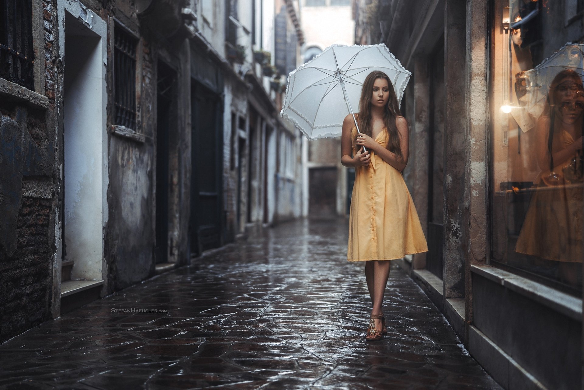 Download Depth Of Field Long Hair Brunette Umbrella Yellow Dress Woman Model HD Wallpaper by Stefan Häusler