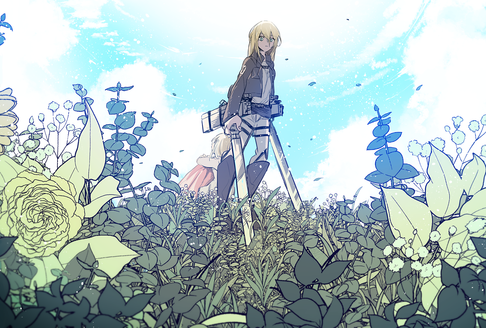 HD desktop wallpaper featuring Historia Reiss from the anime Attack on Titan, standing amidst a lush field of flowers under a bright sky.