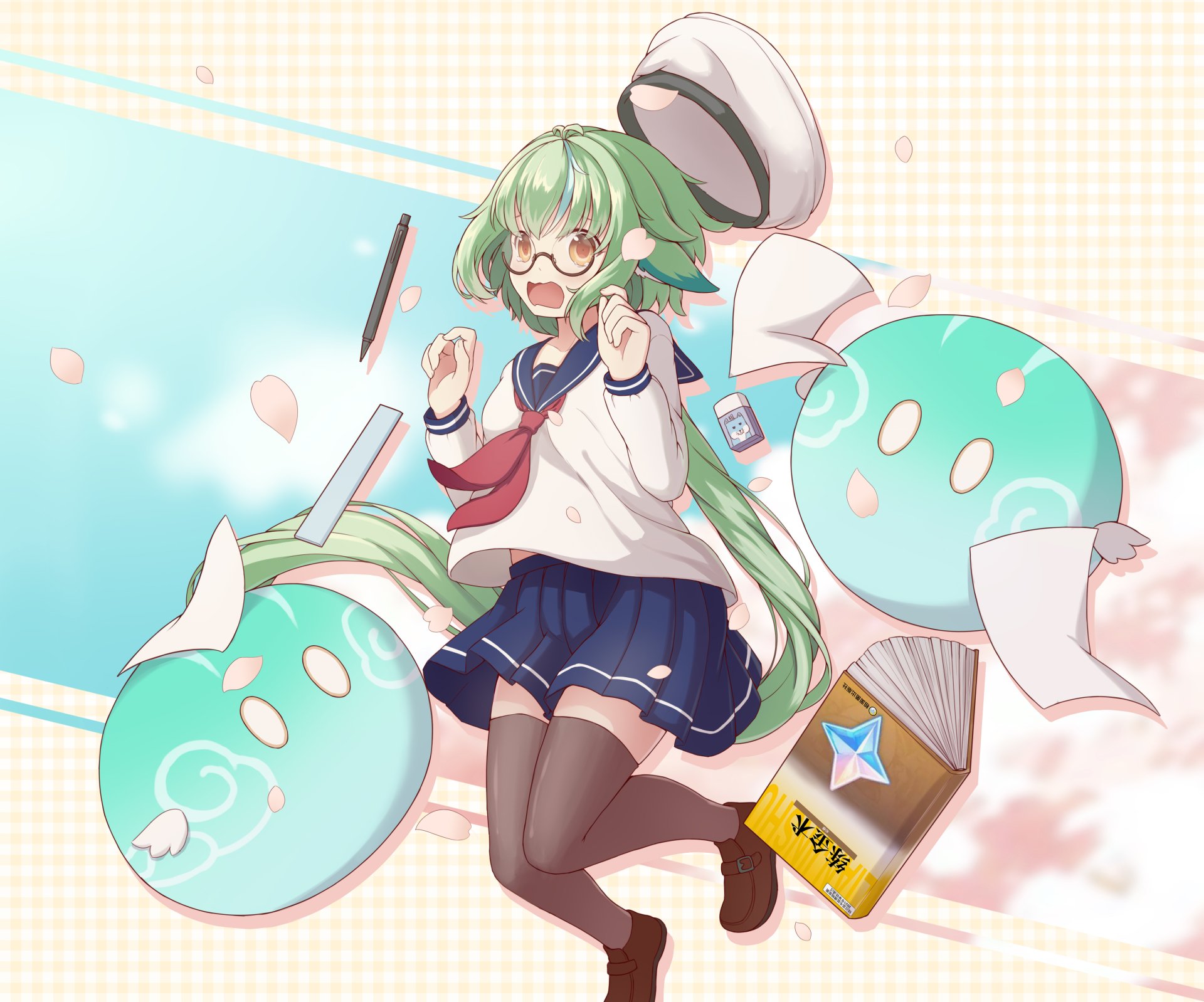 HD PC desktop wallpaper of Sucrose from Genshin Impact, featuring the character in her signature outfit surrounded by floating papers and scrolls.