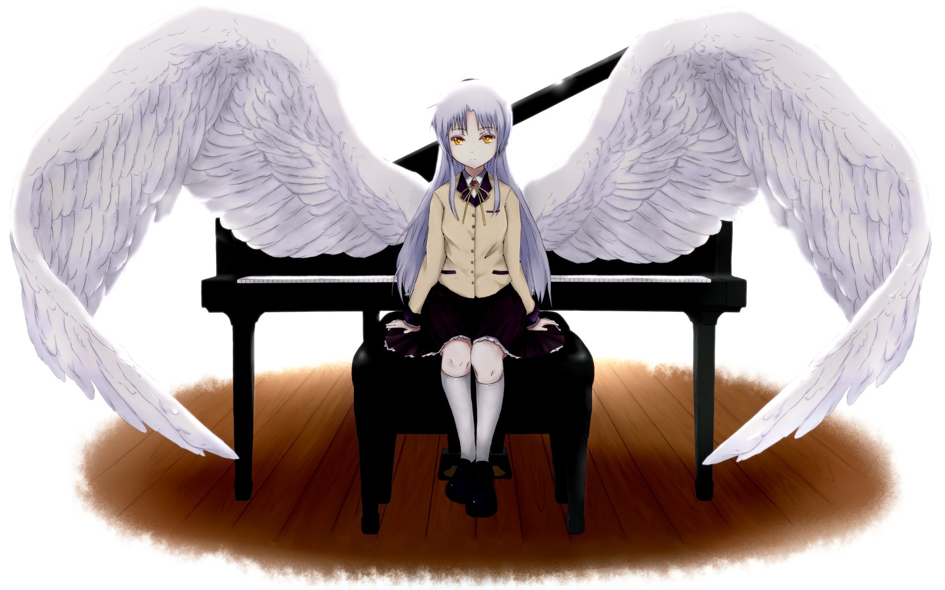 Kanade Tachibana from Angel Beats! sits gracefully at a piano, her ethereal wings spread wide, creating a serene and enchanting atmosphere in this HD desktop wallpaper.