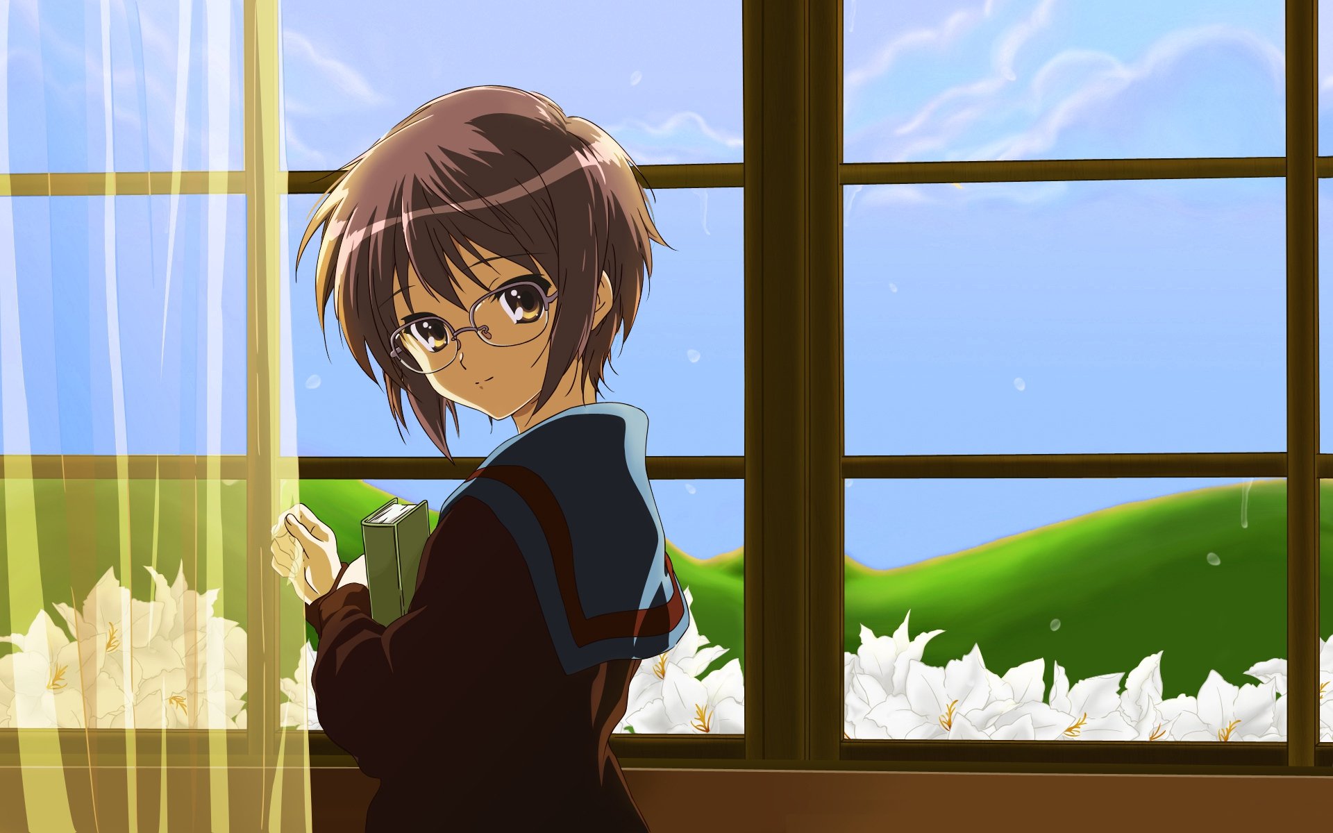 HD anime desktop wallpaper featuring Yuki Nagato from The Melancholy of Haruhi Suzumiya, standing by a window with green hills and blue sky outside.