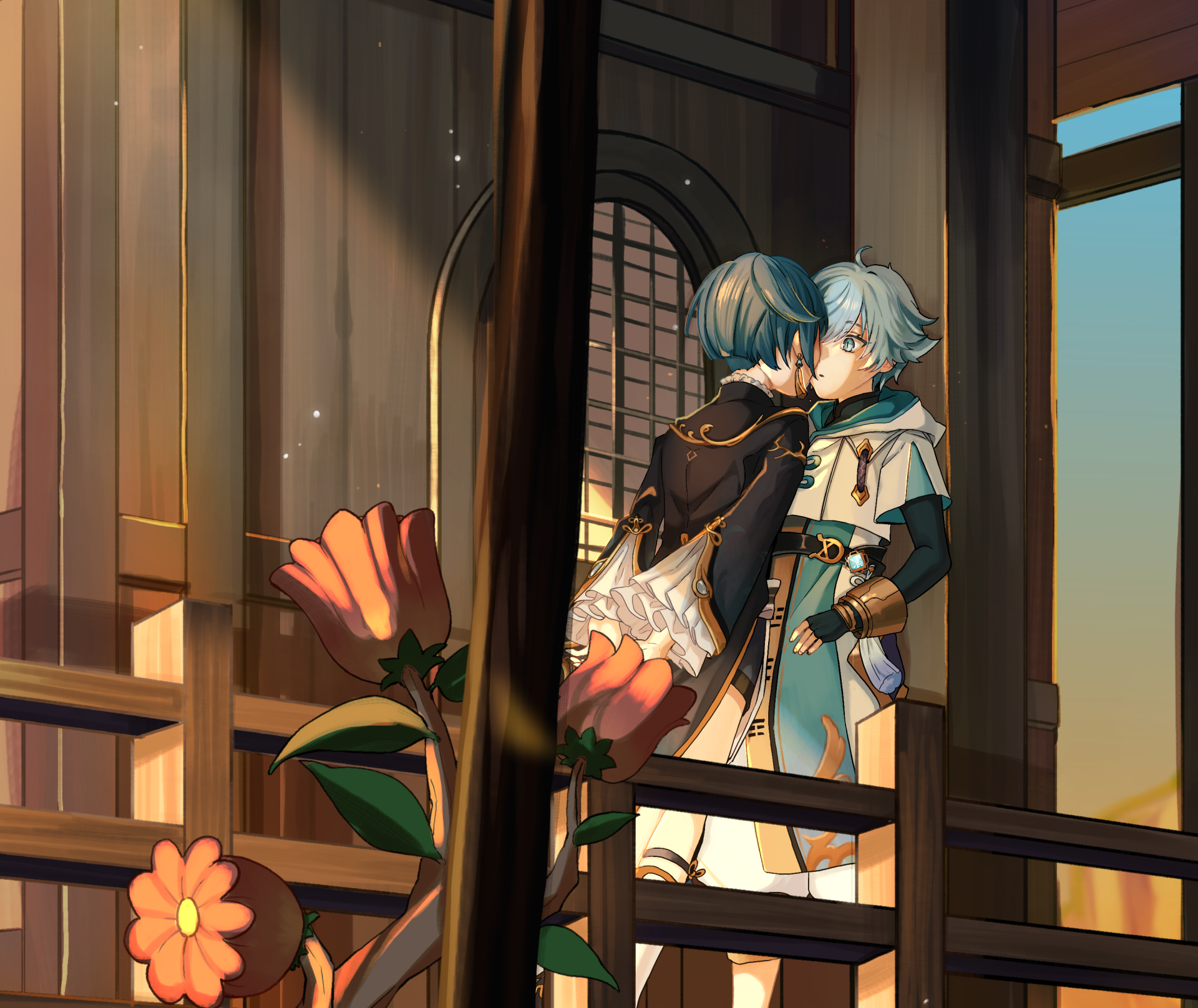 Chongyun and Xingqiu from Genshin Impact (video game) share a tender, near-kiss by a sunlit window amid blooming flowers — 2K Quad HD PC desktop wallpaper/background.